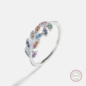 925 Sterling Silver Colorful Zircon Olive Branch Ring - Size 8